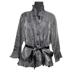 NWOT R&M RICHARDS Jacket Blazer Cardigan Blouse Top 16 Grey Shimmer Ruffle Jewel
